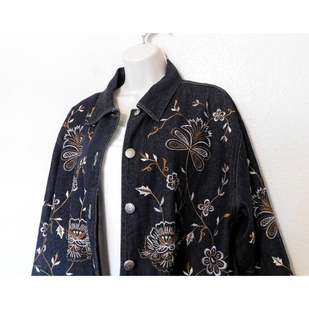 New Direction Embroidered Denim Jacket Large Black Floral Beaded Metal Buttons - Picture 2 of 11